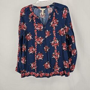Matilda Jane Blue & Pink Floral So Vivid Top Covered Buttons Henley Neckline S